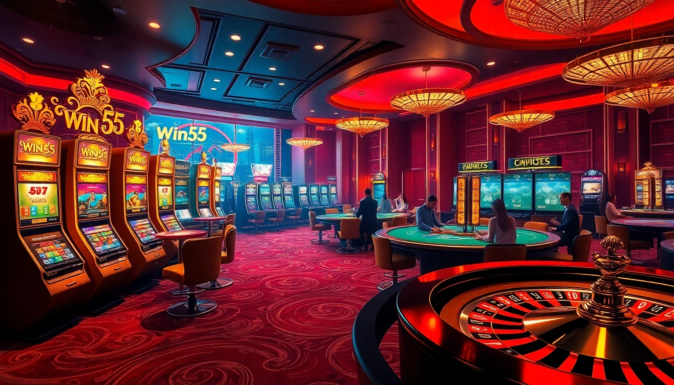 Experience the thrill of Win55 at a vibrant casino with players enjoying poker and slots.
