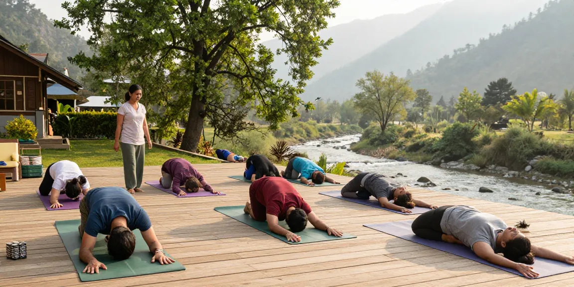 Engaging 300 hour yoga teacher training in India, instructor leading diverse students in tranquil Himalayan setting.