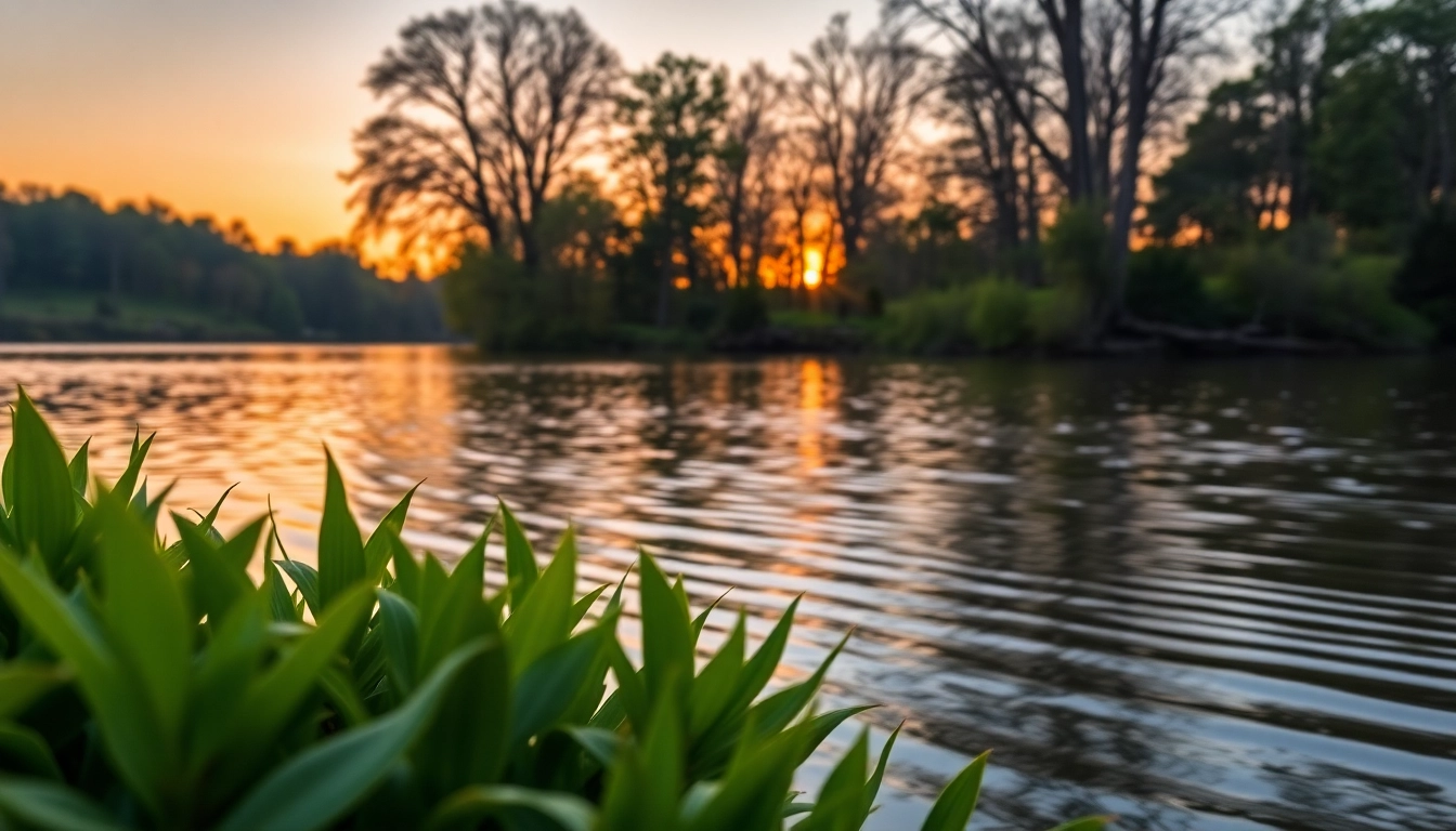 Relaxing view of Virginia water at sunset with lush greenery and golden reflections.
