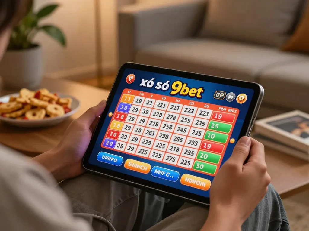 xổ số 9bet online lottery game showcasing user engaged with vibrant betting options on tablet