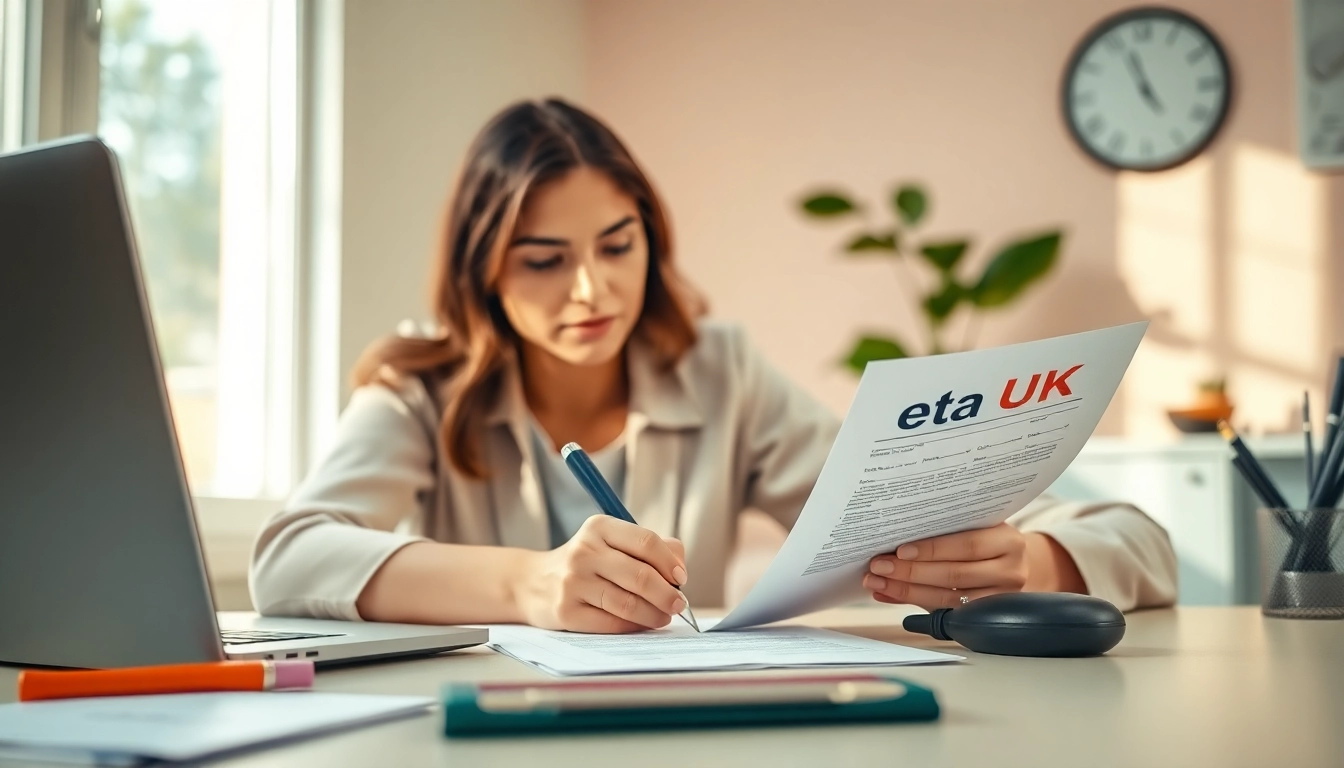 Completing the eta UK application form with attention to detail in a modern workspace.