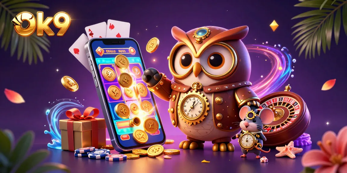 Engage in thrilling gameplay at ok9 with a vibrant casino scene featuring an owl and mouse amidst dynamic gaming elements.