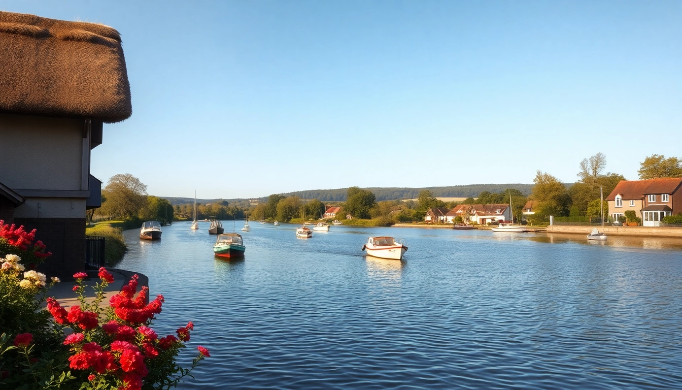 Experience stunning views of Thames Ditton's riverside charm with classic cottages and serene boats.