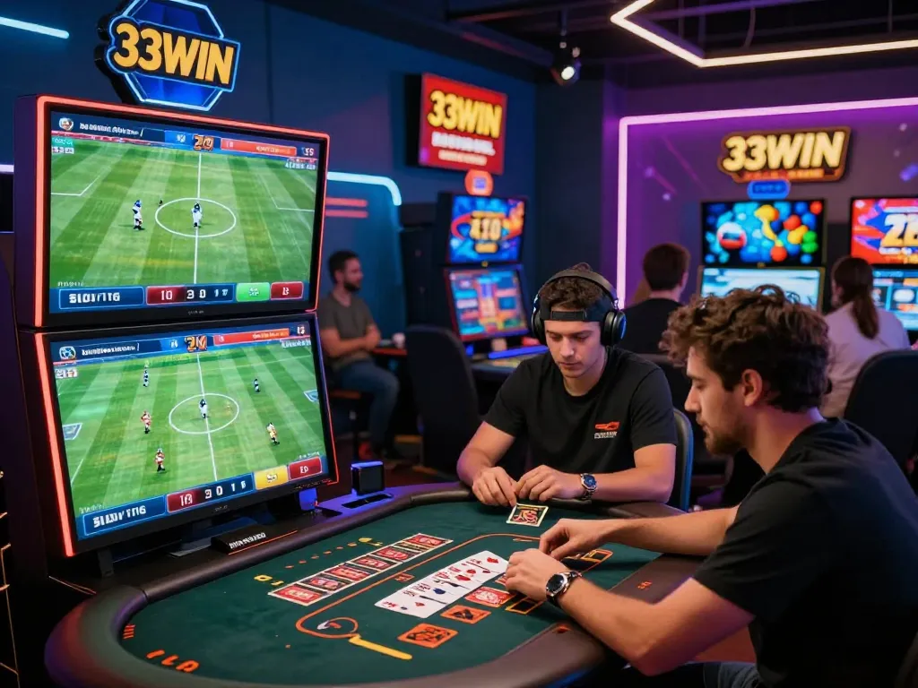 Engaged players enjoying online gaming at 33WIN, showcasing vibrant sports betting and casino games.