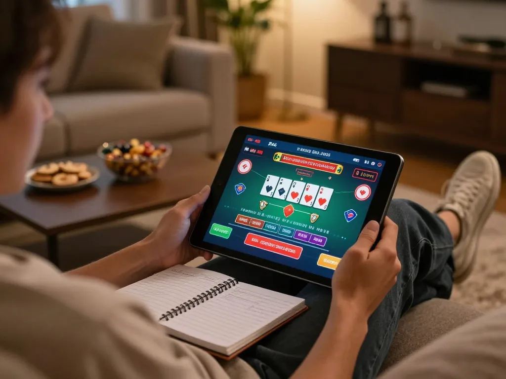 Player enjoying 789bet live dealer blackjack on tablet in cozy home setting