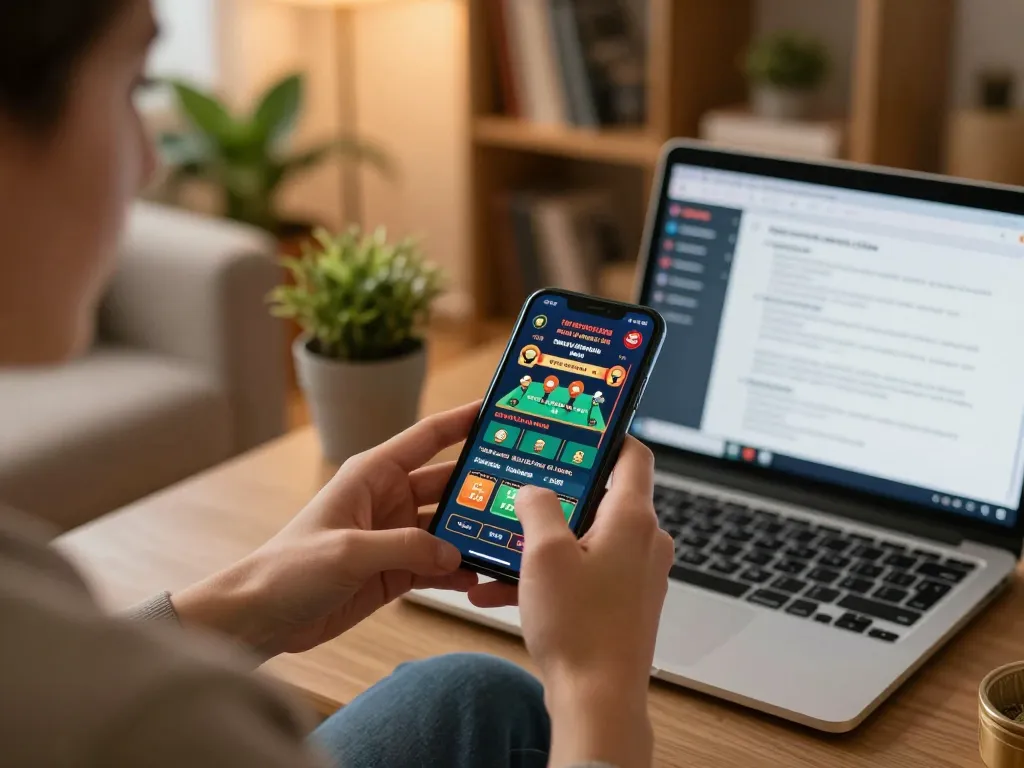 Engaging with the qq88 mobile casino app on a smartphone in a cozy home setting