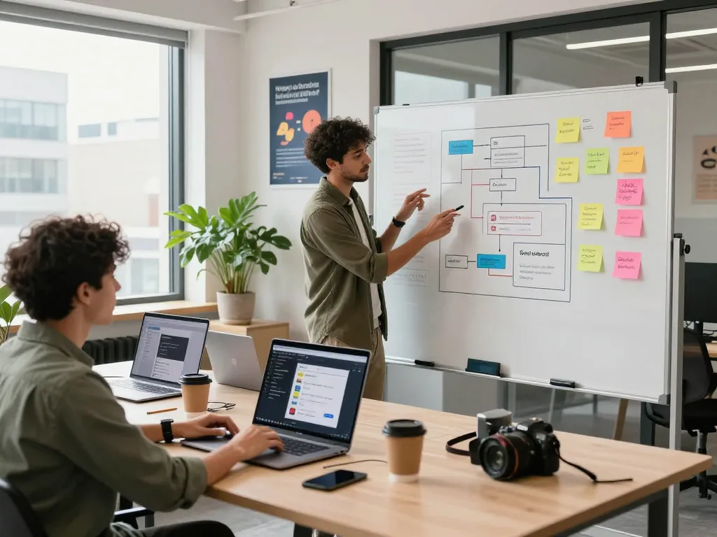 Engaged developer creating spicy AI chatbot in a modern workspace, showcasing collaborative tech environment.