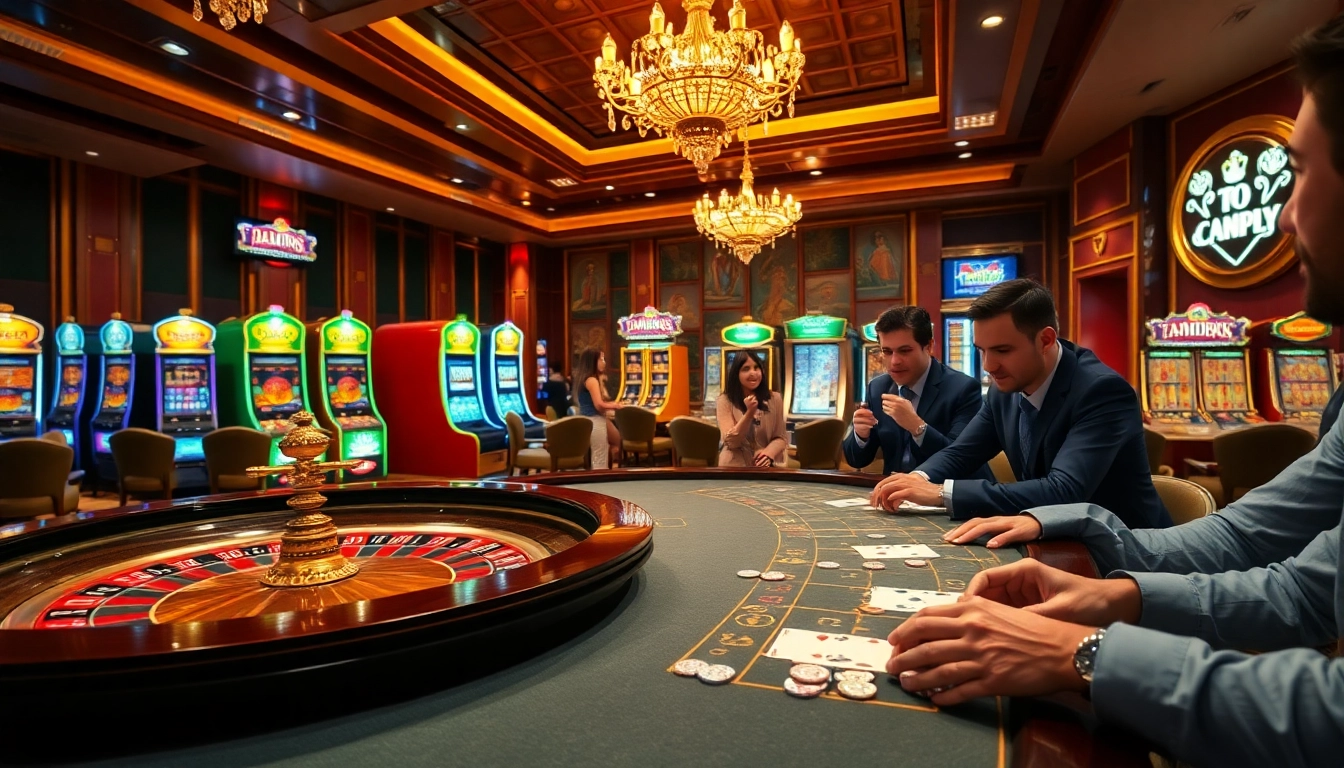 Engaging casino scene depicting fun88.supply with casino tables, players, and colorful slot machines.
