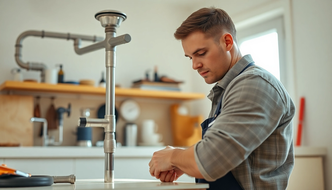 Efficient plumber near me fixing a sink pipe in a bright kitchen setting.
