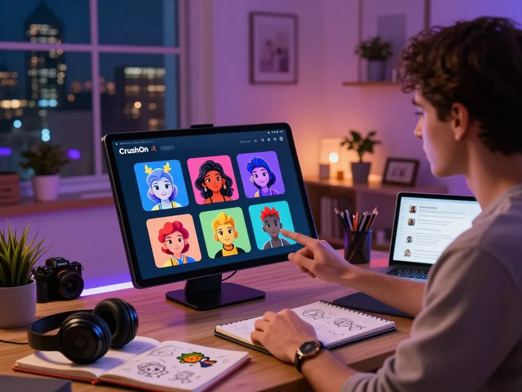 Engaging interaction with Crush on AI interface in a cozy home office with character avatars displayed on a touchscreen.