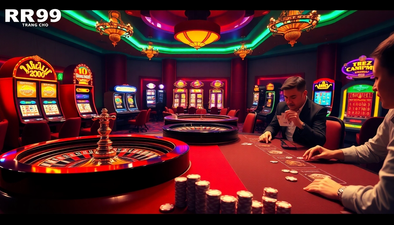 Experience the excitement of TRANG CHỦ RR99 with a luxurious casino scene featuring a roulette table and engaged players.