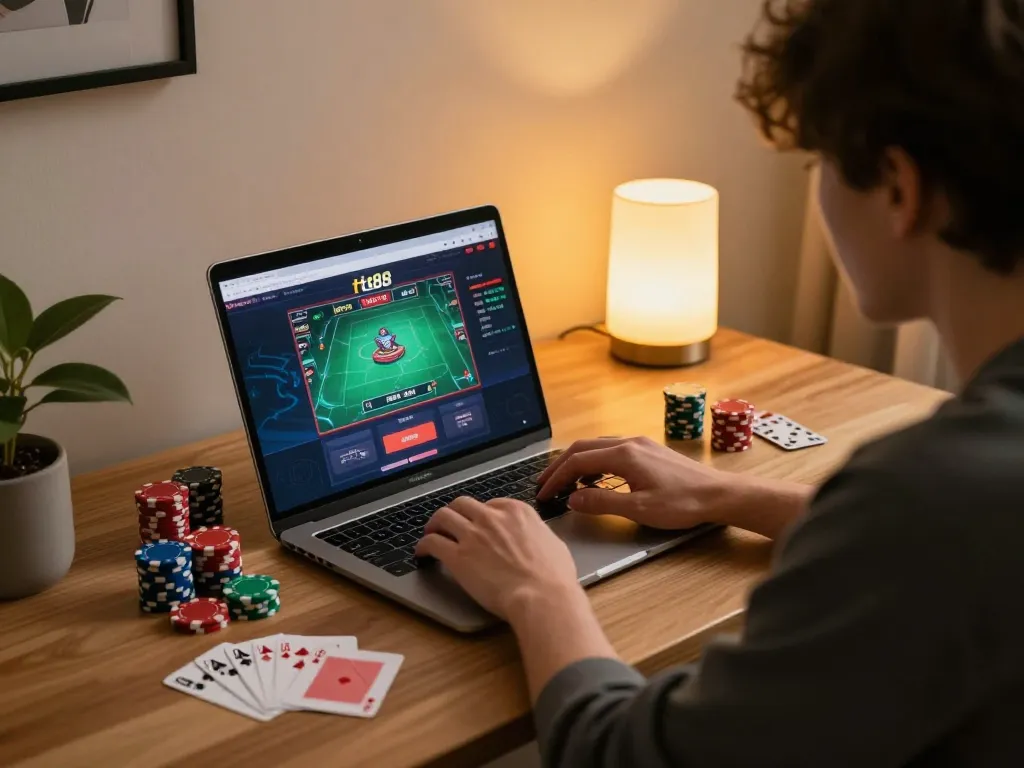Player analyzing strategies on tt88 homepage while enjoying responsible gambling at home.