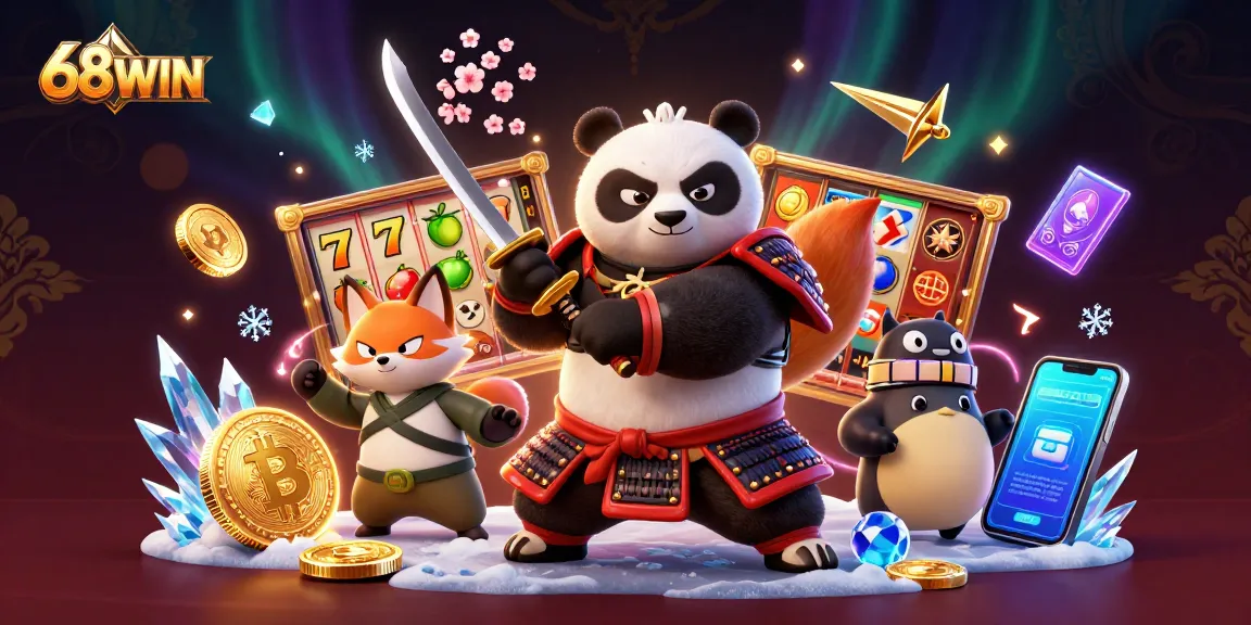 Engage with 68WIN's thrilling gaming experience, featuring dynamic samurai and ninja characters amidst jackpot symbols