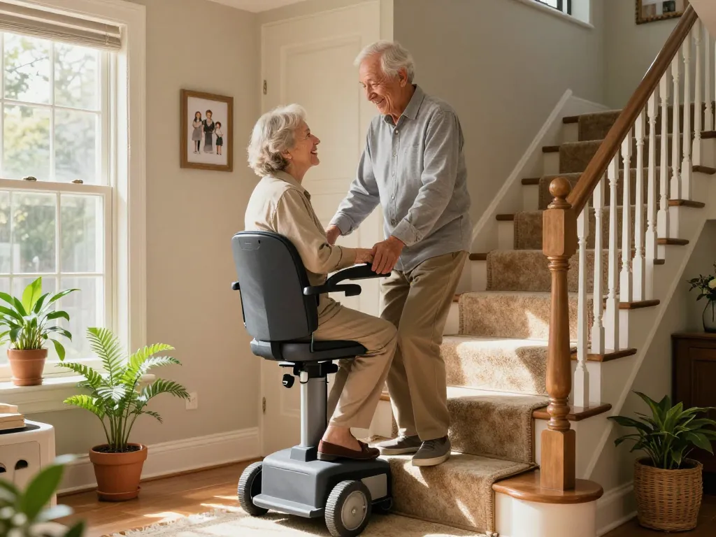Senior couple joyfully using a stairlift in their home, showcasing mobility and comfort.