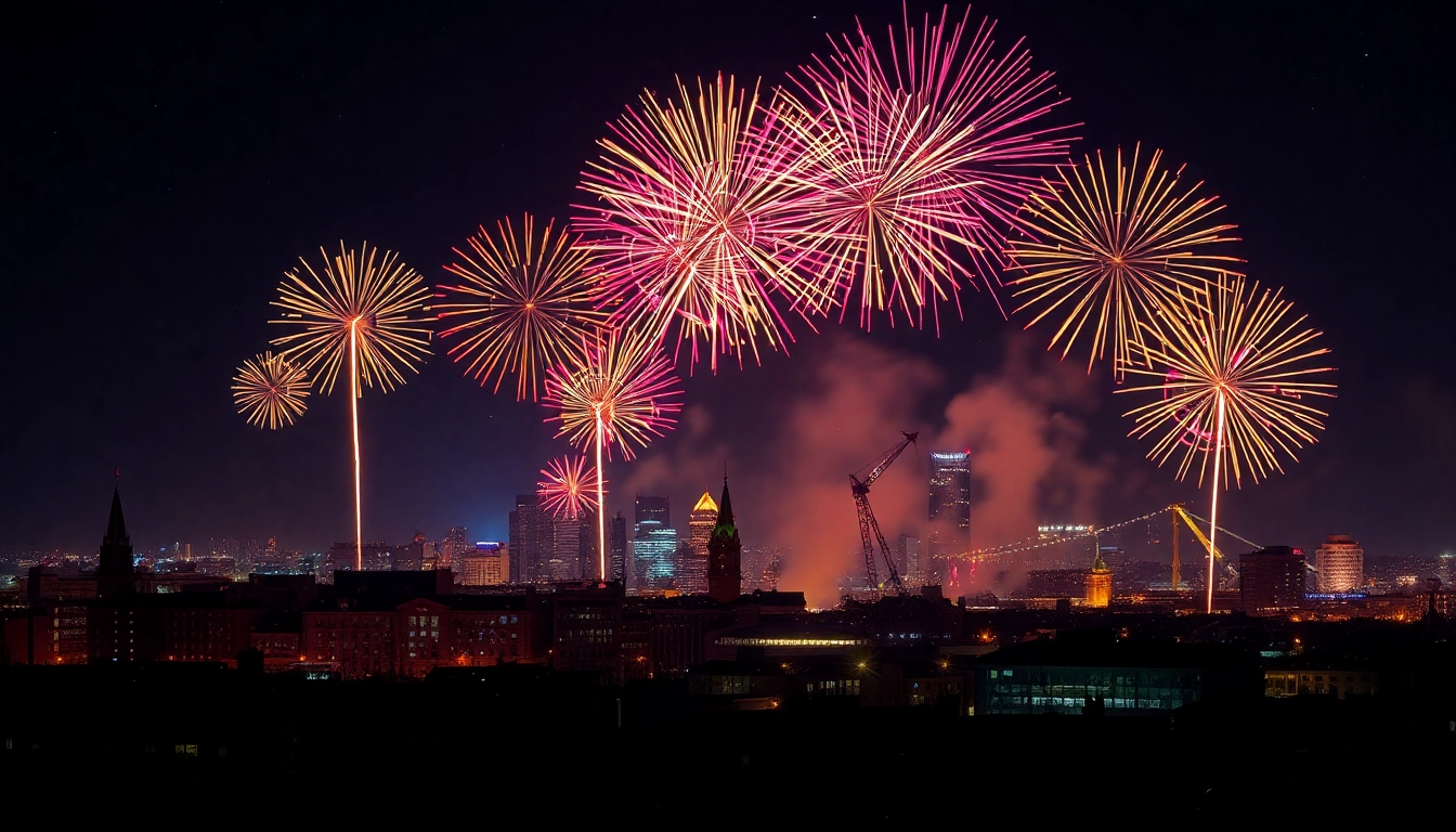 Buy fireworks Manchester with a dazzling display over the city skyline at night.