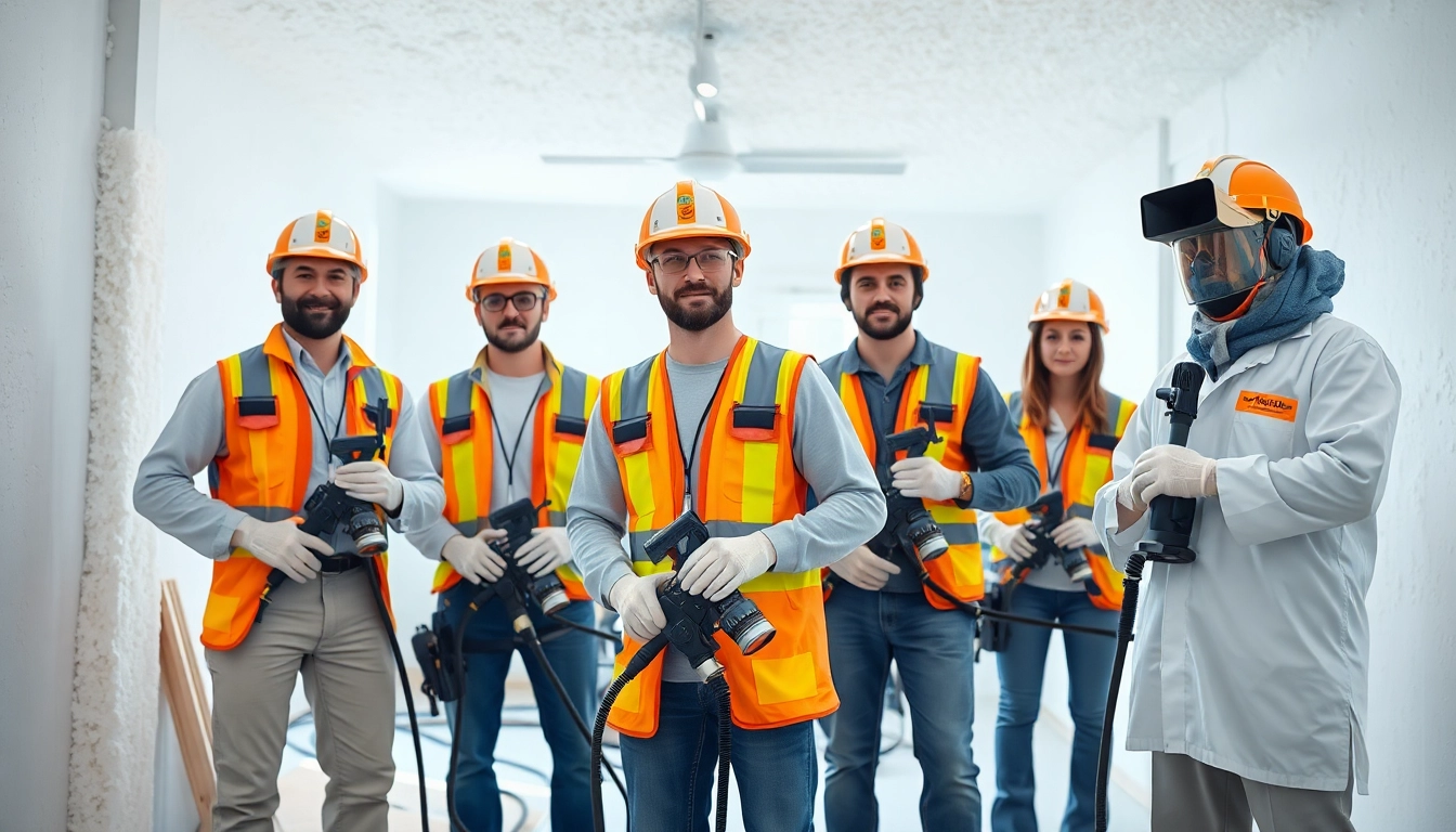 Professional team performing spray foam removal near me with safety gear and tools.