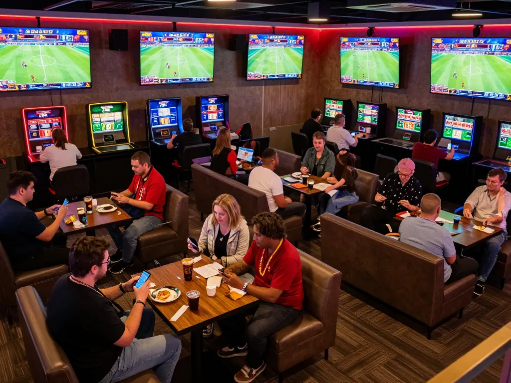 Fans placing bets using their smartphones at a sports betting lounge, showcasing kèo nhà cái excitement.