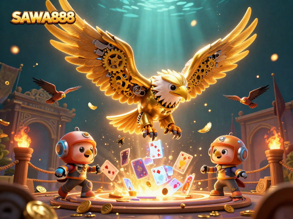 Experience the thrill of SAWA888 gaming with a vibrant, dynamic 3D illustration of gaming elements.