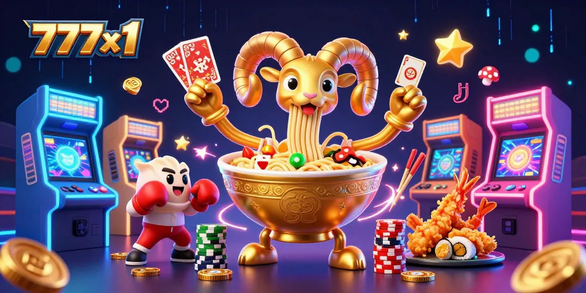 Experience the thrill of 777x1 with a whimsical 3D gambling scene featuring a giant ramen bowl dealer and colorful game elements.