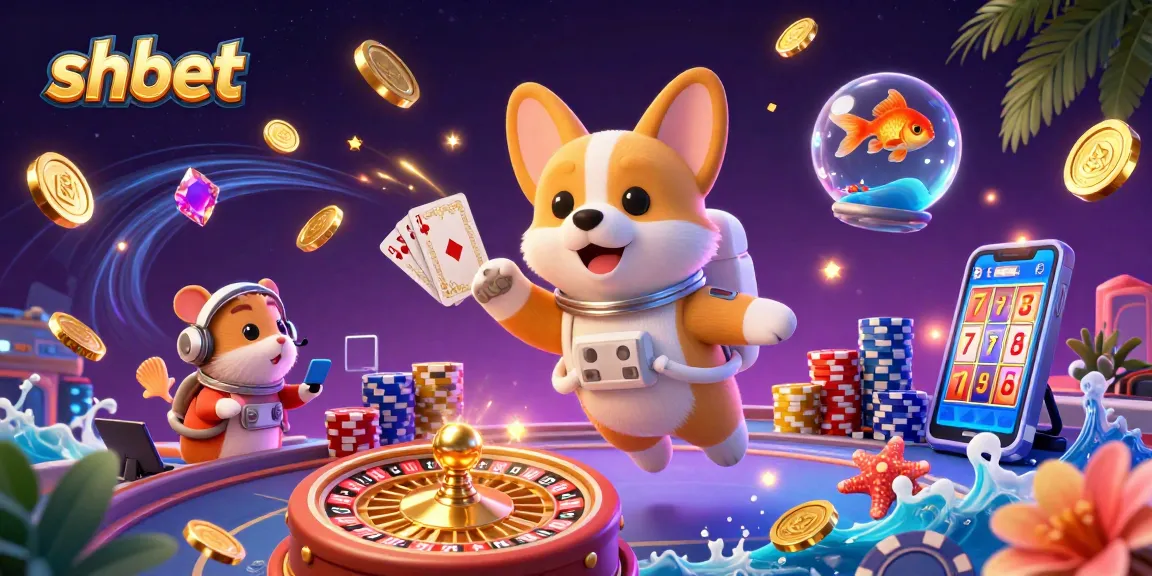 Experience shbet with a floating corgi in a vibrant casino scene filled with golden coins and gaming action.