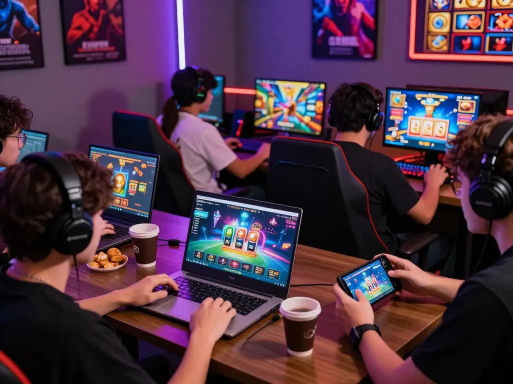 Enjoying Sunwin games while tải sunwin on various devices in a vibrant gaming room.