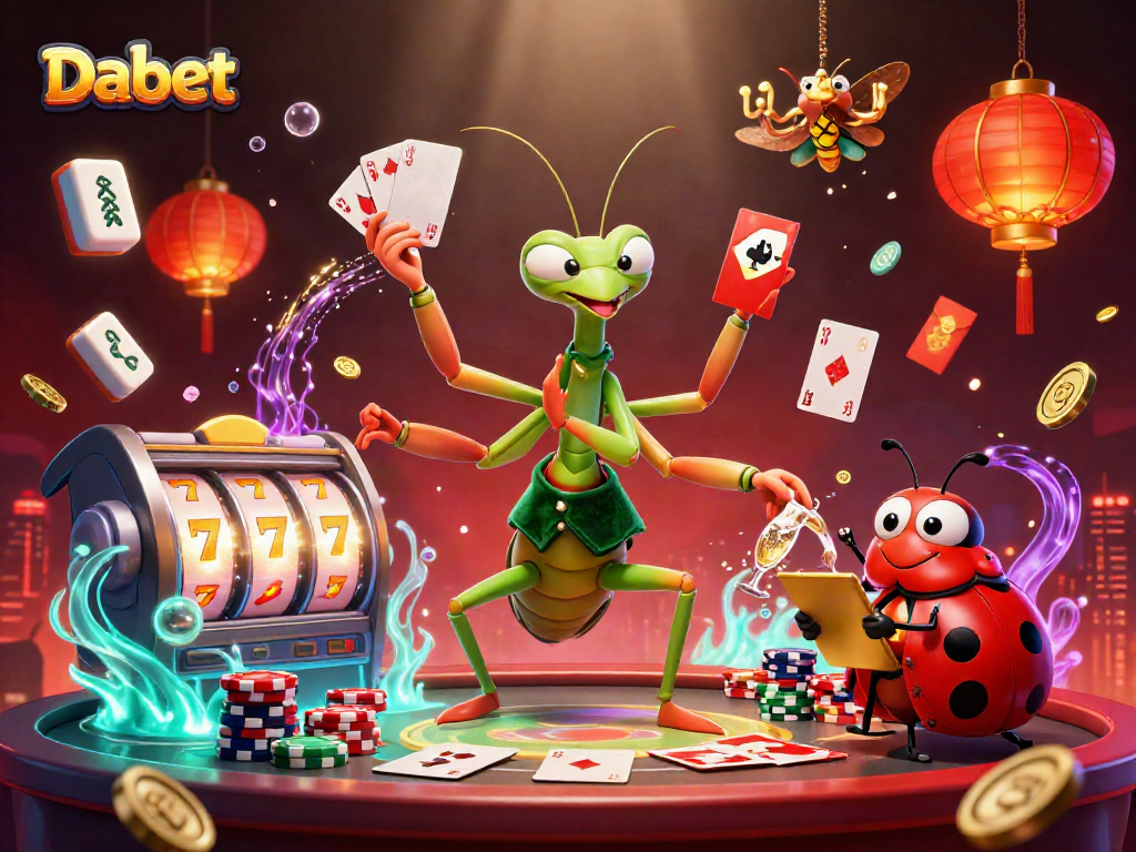 Dabet showcases an exciting casino scene with a giant mantis dealing cards and spinning slot reels.
