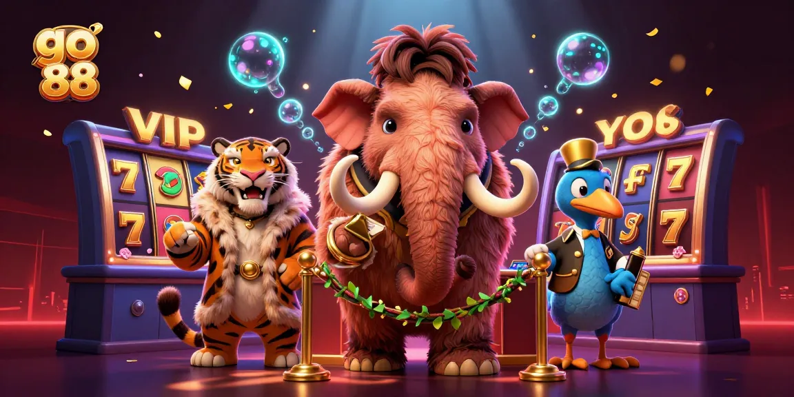 Experience the vibrant go 88 casino scene featuring a woolly mammoth bouncer and slot reels.