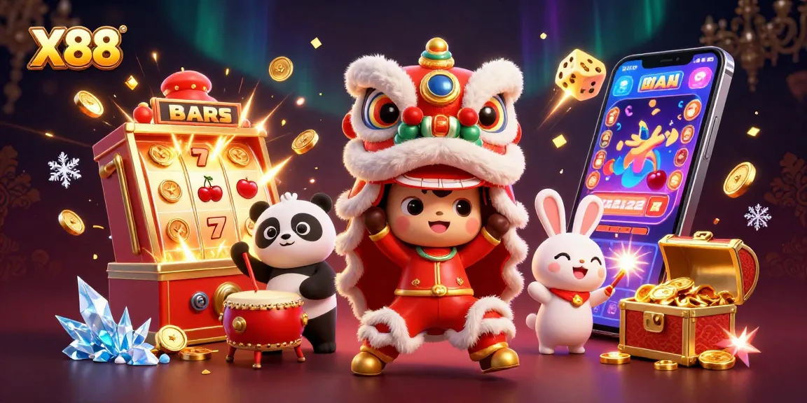 X88 players enjoy vibrant casino thrills with slot machines, lion dance characters, and festive decorations.