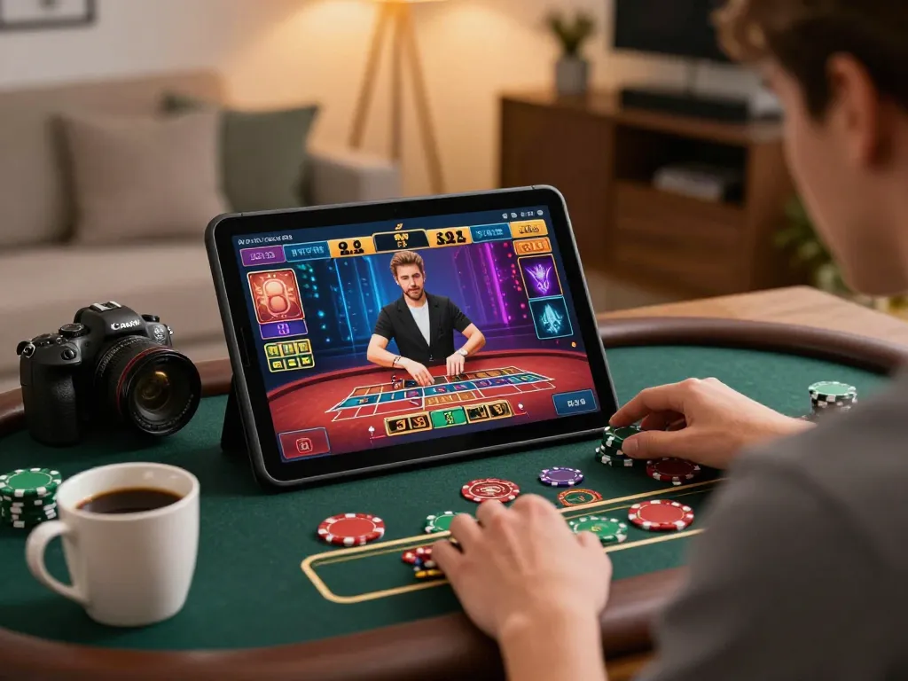 Engaging in live dealer games on Nk 88 tablet in a cozy home setting