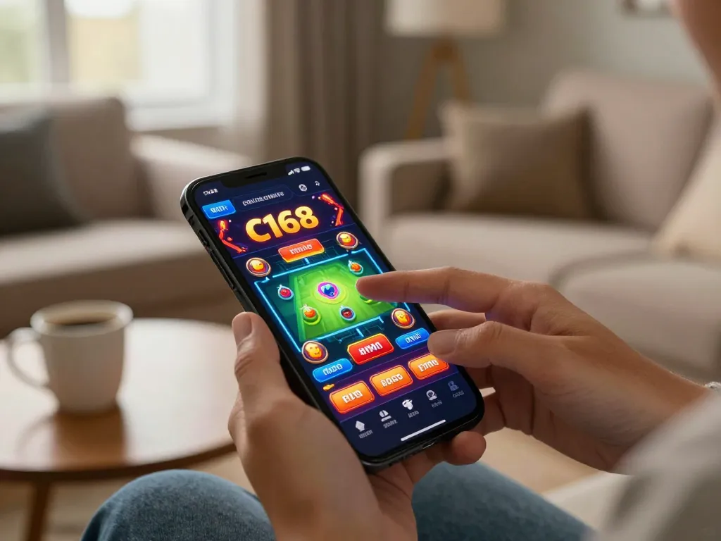 Engaging gameplay on the c168 game app displayed on a smartphone, showing user interaction and a cozy setting.