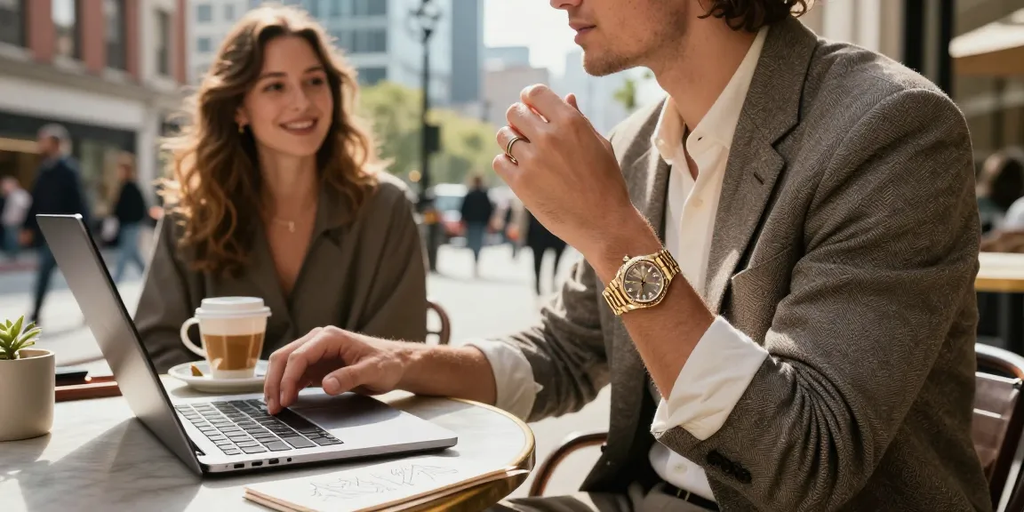 Fashionable individual showcasing a Rolex replica watch while enjoying coffee at an outdoor café.