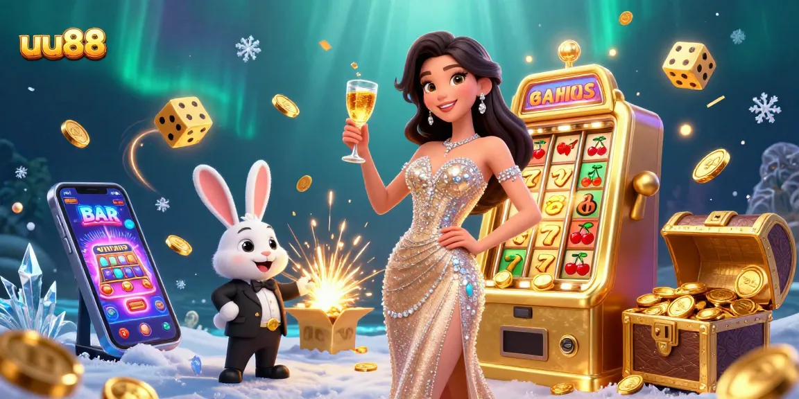 Experience thrilling jackpots at uu88 with a glamorous toast beside a winning slot machine and festive casino elements.