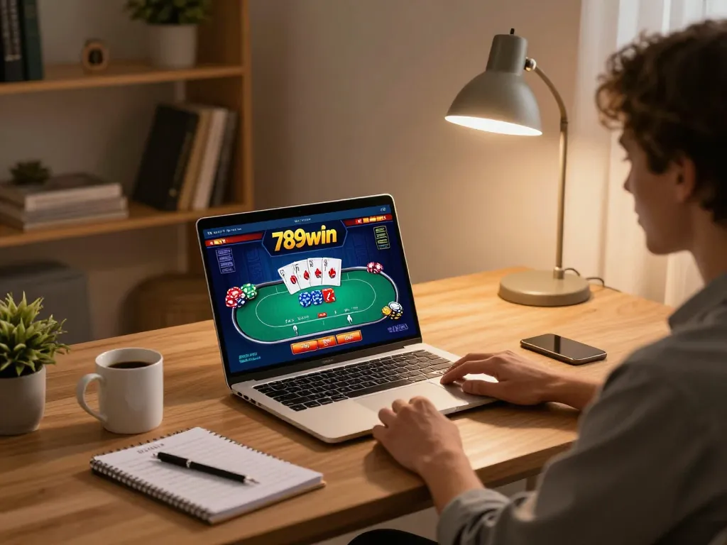 Enjoying poker gameplay at 789win casino from a cozy home office setup.