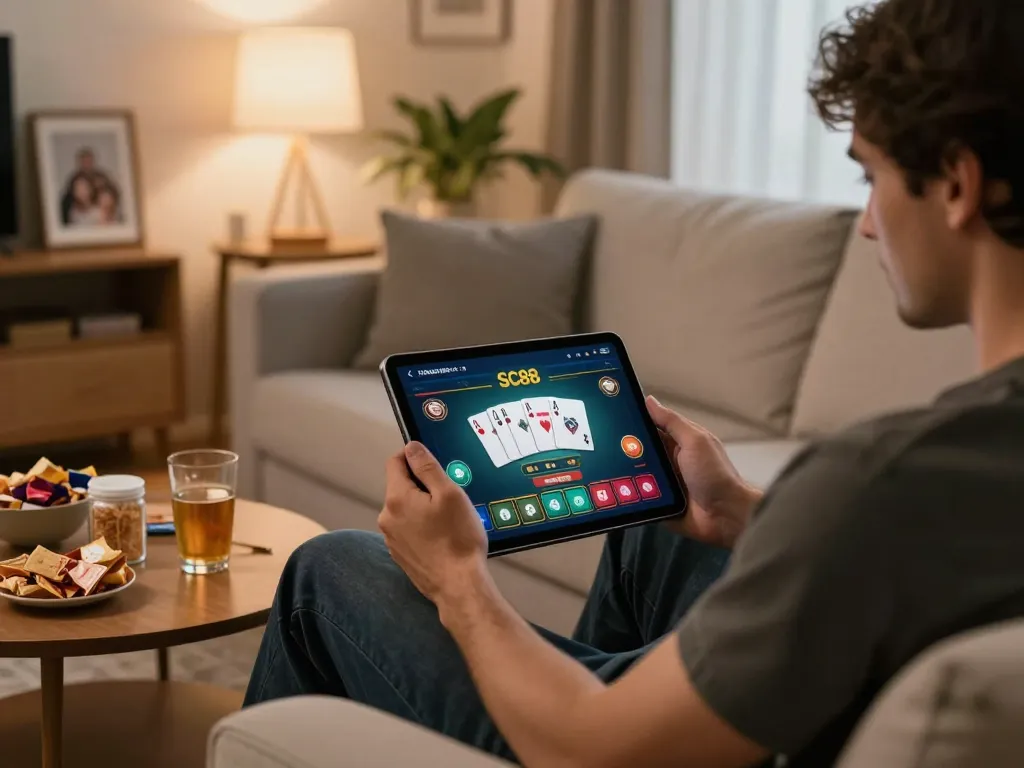 Player engaging with SC88's online gaming app on a cozy sofa, showcasing personal strategy