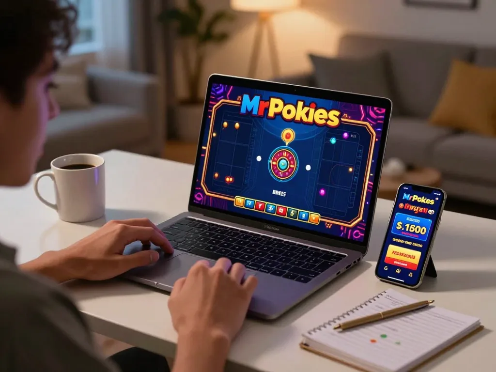 Betting on MrPokies Casino with excitement in a cozy home environment, showcasing online gambling activity.