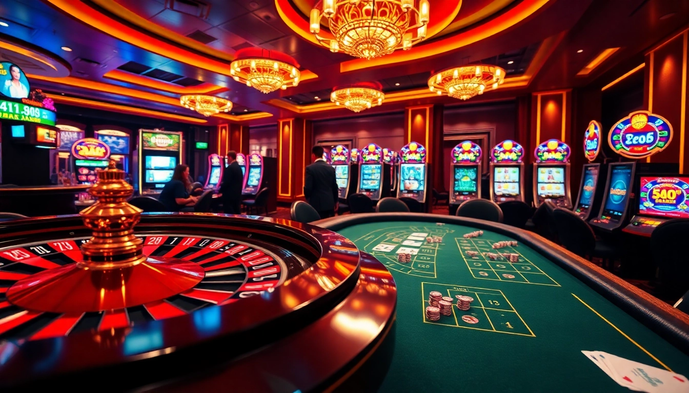 Experience thrilling okfun games at a vibrant casino featuring live blackjack, roulette, and colorful slot machines.