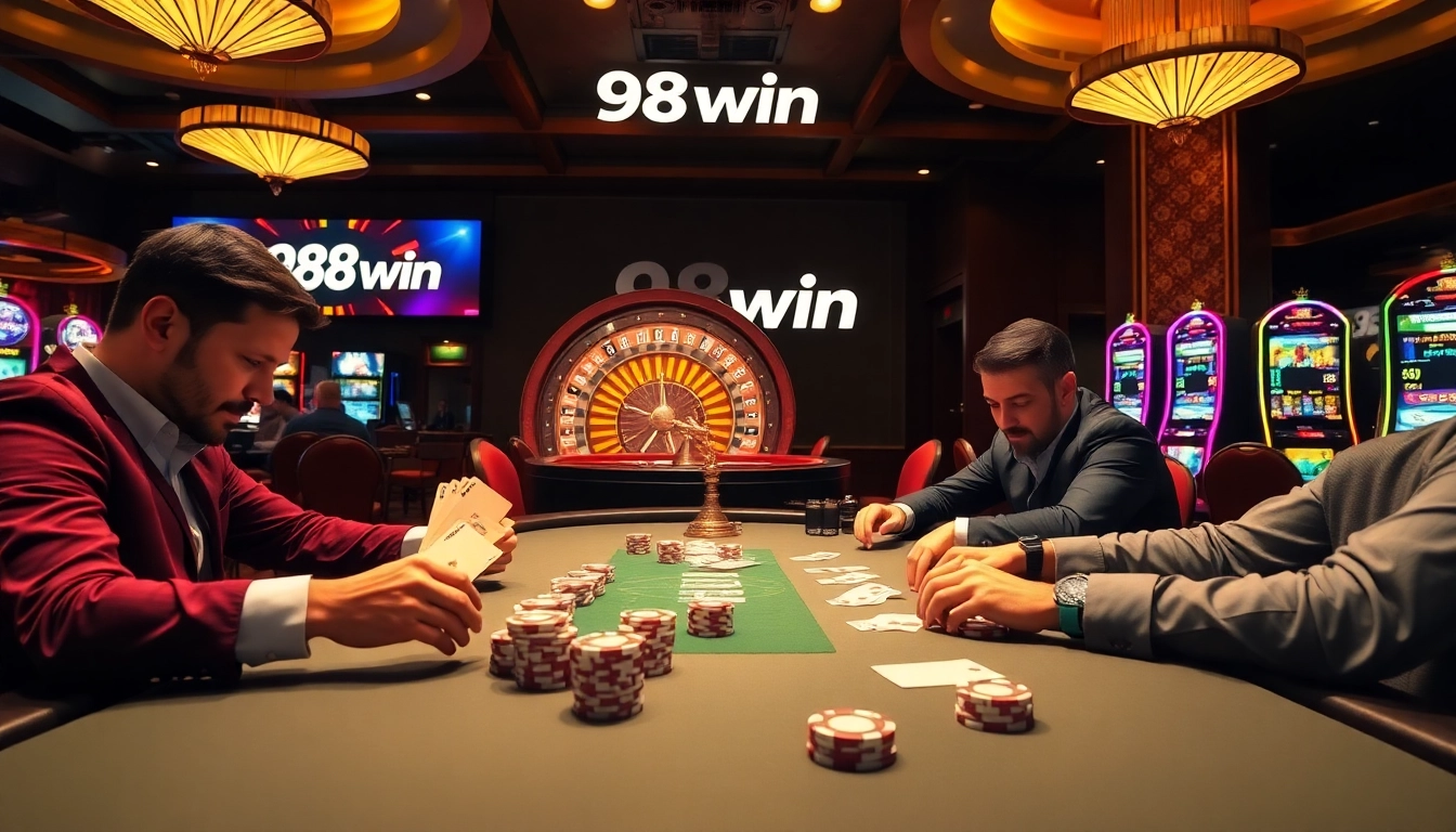 Experience the excitement of winning at 98win in this luxurious casino scene featuring poker and roulette.