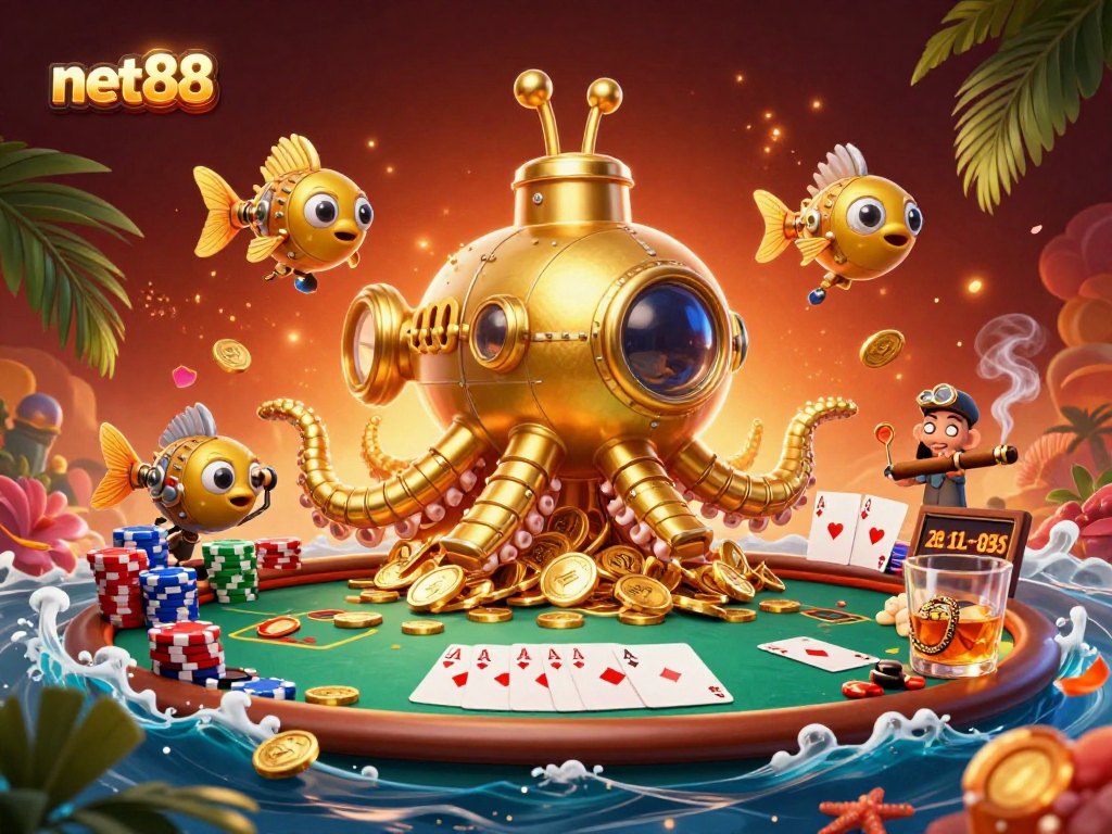 Engage in thrilling net88 poker with dynamic golden kraken submarine and coins