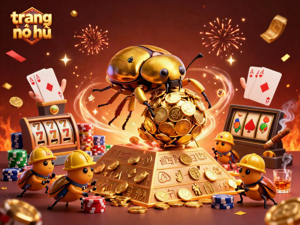 Engage with high stakes in trang nổ hũ casino's vibrant scene featuring golden beetles and jackpots.