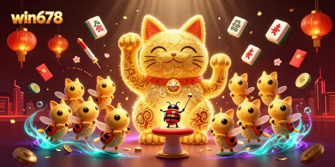 Win678 showcases a vibrant casino scene with a lucky cat made of fireflies, promising exciting gaming adventures.