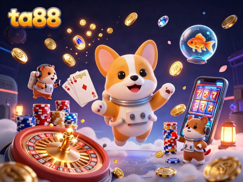 Experience excitement at ta88 casino with a 3D astronaut corgi and golden coins floating in a dynamic space scene.