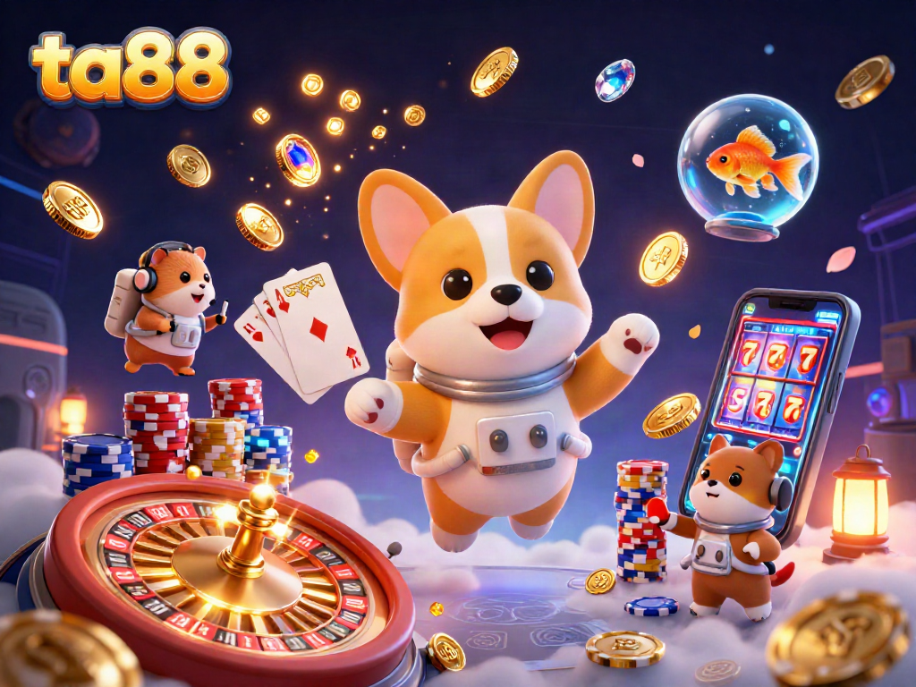 Experience excitement at ta88 casino with a 3D astronaut corgi and golden coins floating in a dynamic space scene.