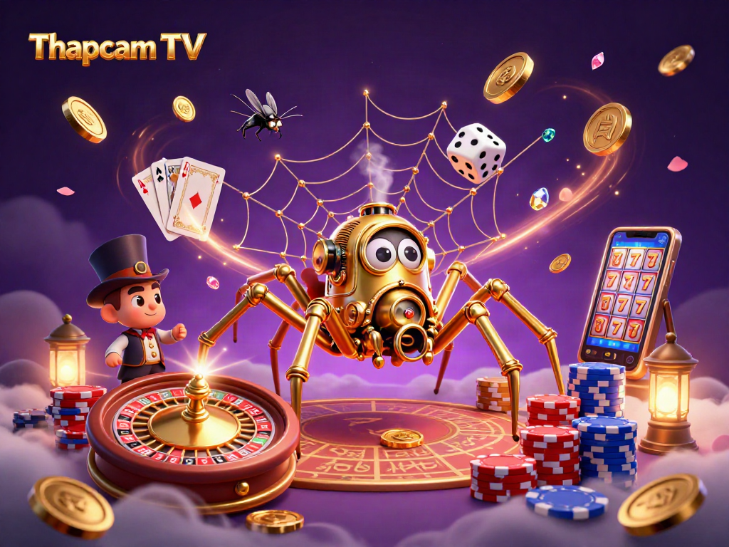 Engage with Thapcam TV's thrilling vibe, featuring casino elements and a whimsical spider scene.