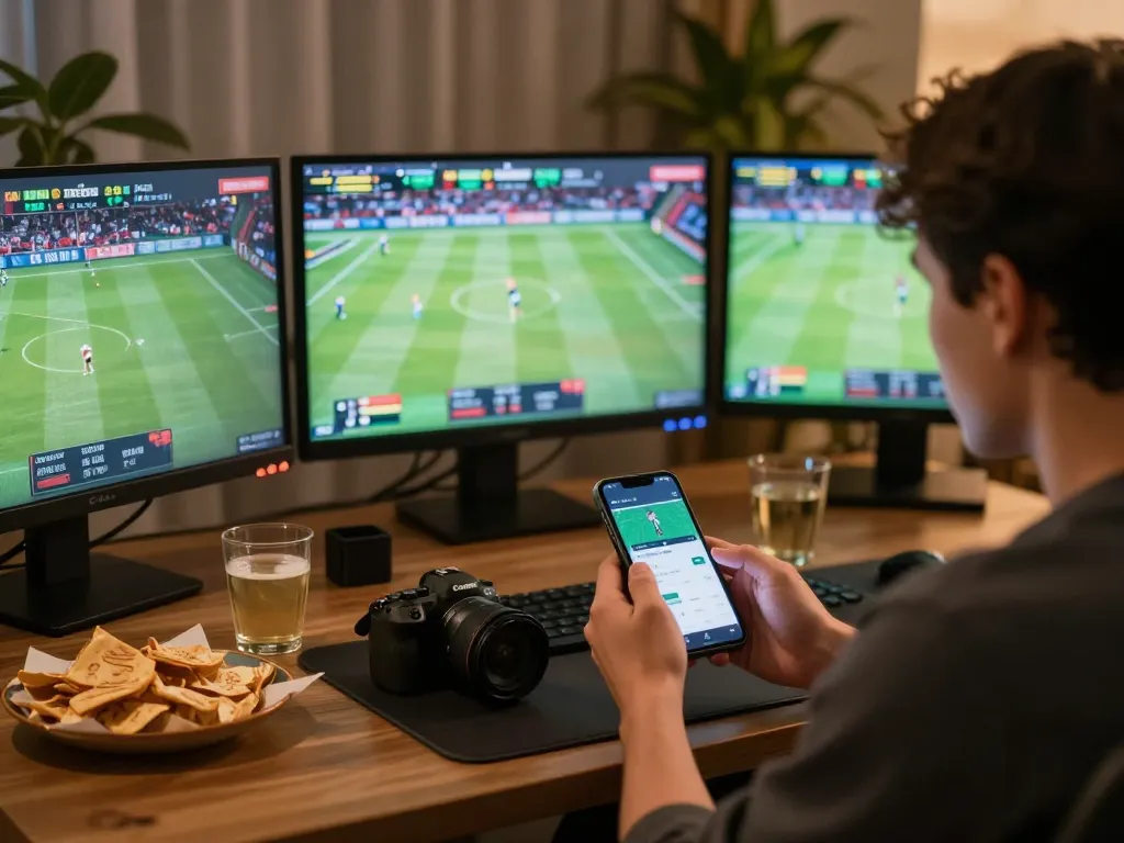 Engaging in sports betting with BL555 app on a smartphone, multiple screens displaying live matches.