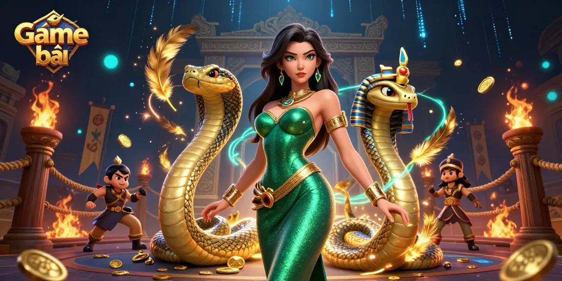 Engage with Game bài in a vibrant 3D casino scene featuring a stunning woman and golden cobra.