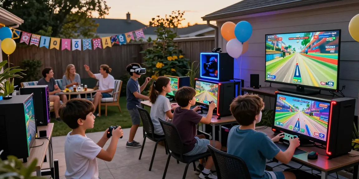 Exciting gaming party Kent with kids engaged in gaming competitions outdoors.