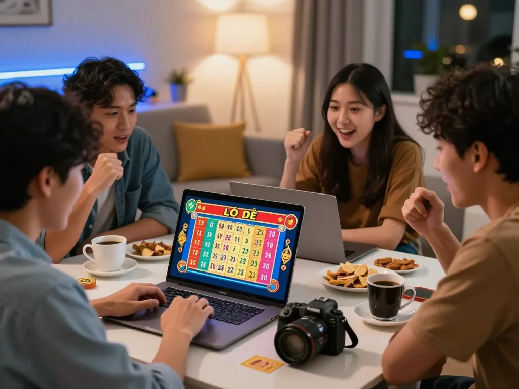 Lô đề online - Top 10+ trang đánh đề online tỷ lệ 1 ăn 99,99 in a lively betting scene with friends enjoying online gambling.