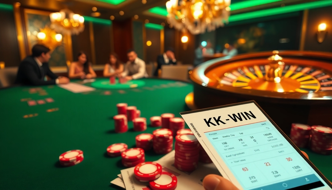 Experience the excitement of KK WIN at a vibrant casino with poker chips and roulette.