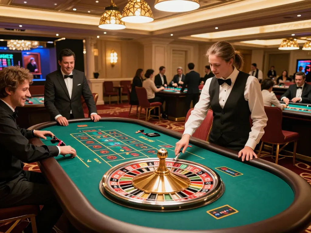 Experience excitement at SHBET COM roulette table with eager players and luxurious casino ambiance