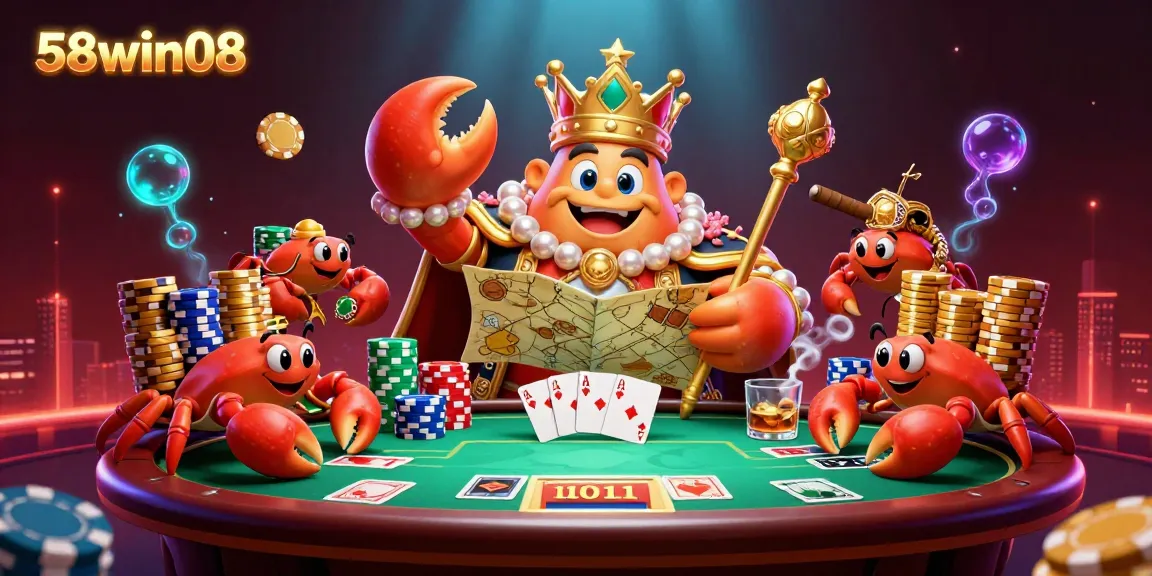 Experience the thrill of 58win08 with a golden crab emperor in a grand casino scene, surrounded by poker elements.
